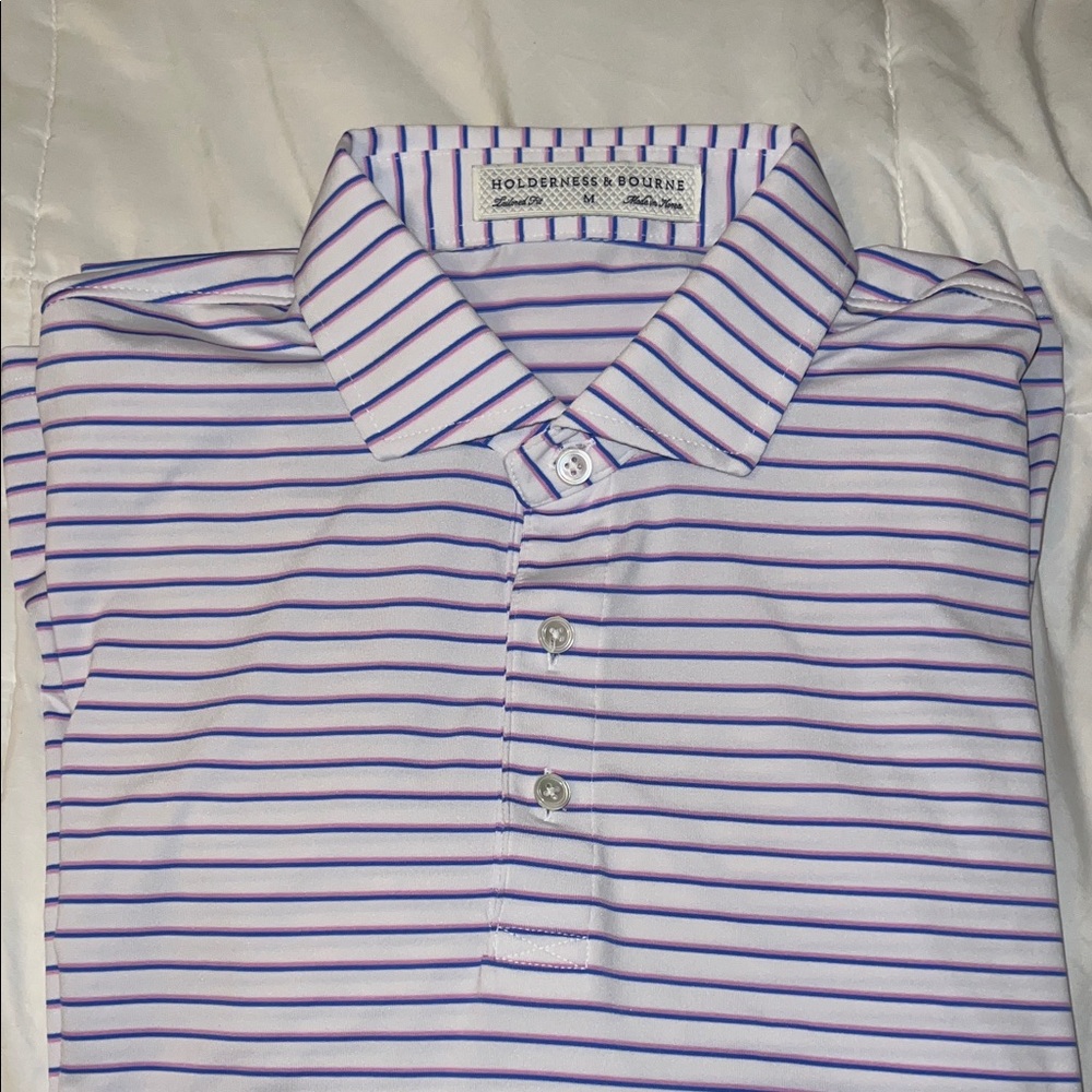 Holderness & Bourne Men’s Sutton Striped Pink and Blue Polo Shirt, Size M
